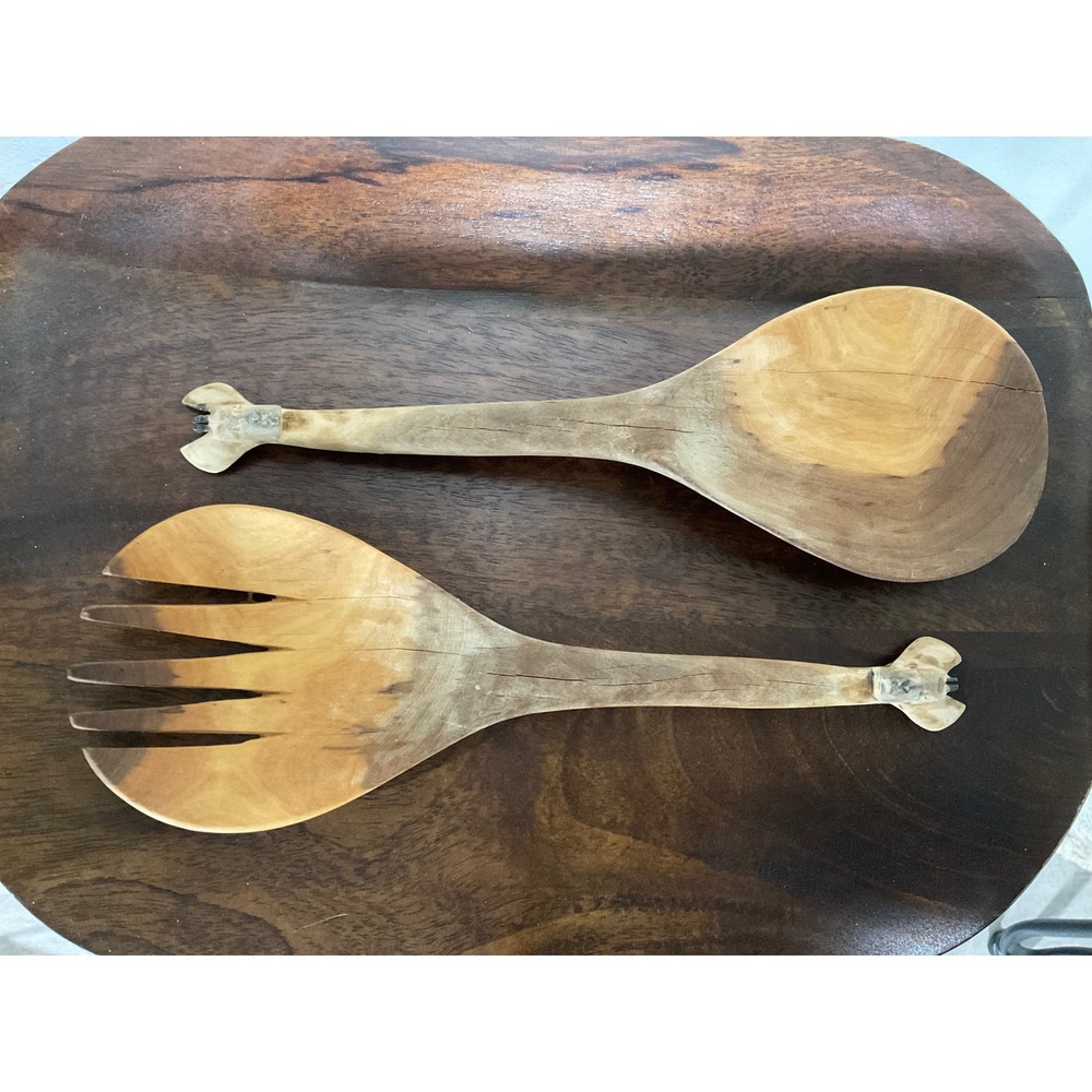 Vintage Hand Carved Giraffe Wooden Salad Servers Set Fork Spoon Rustic Safari